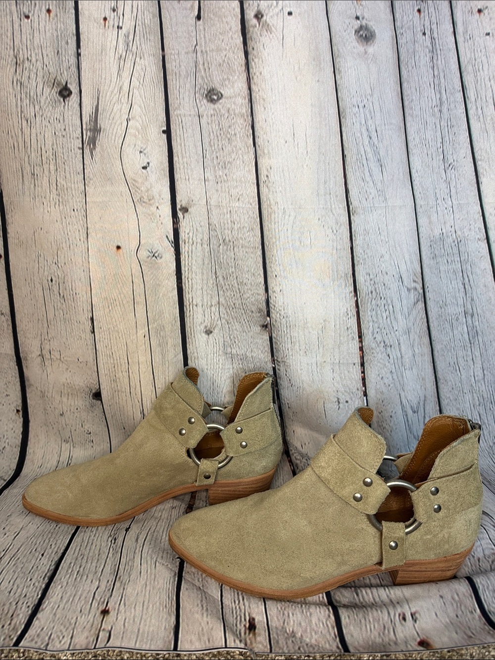 Frye Beige Suede Cutout Ankle Booties with Ring Detail